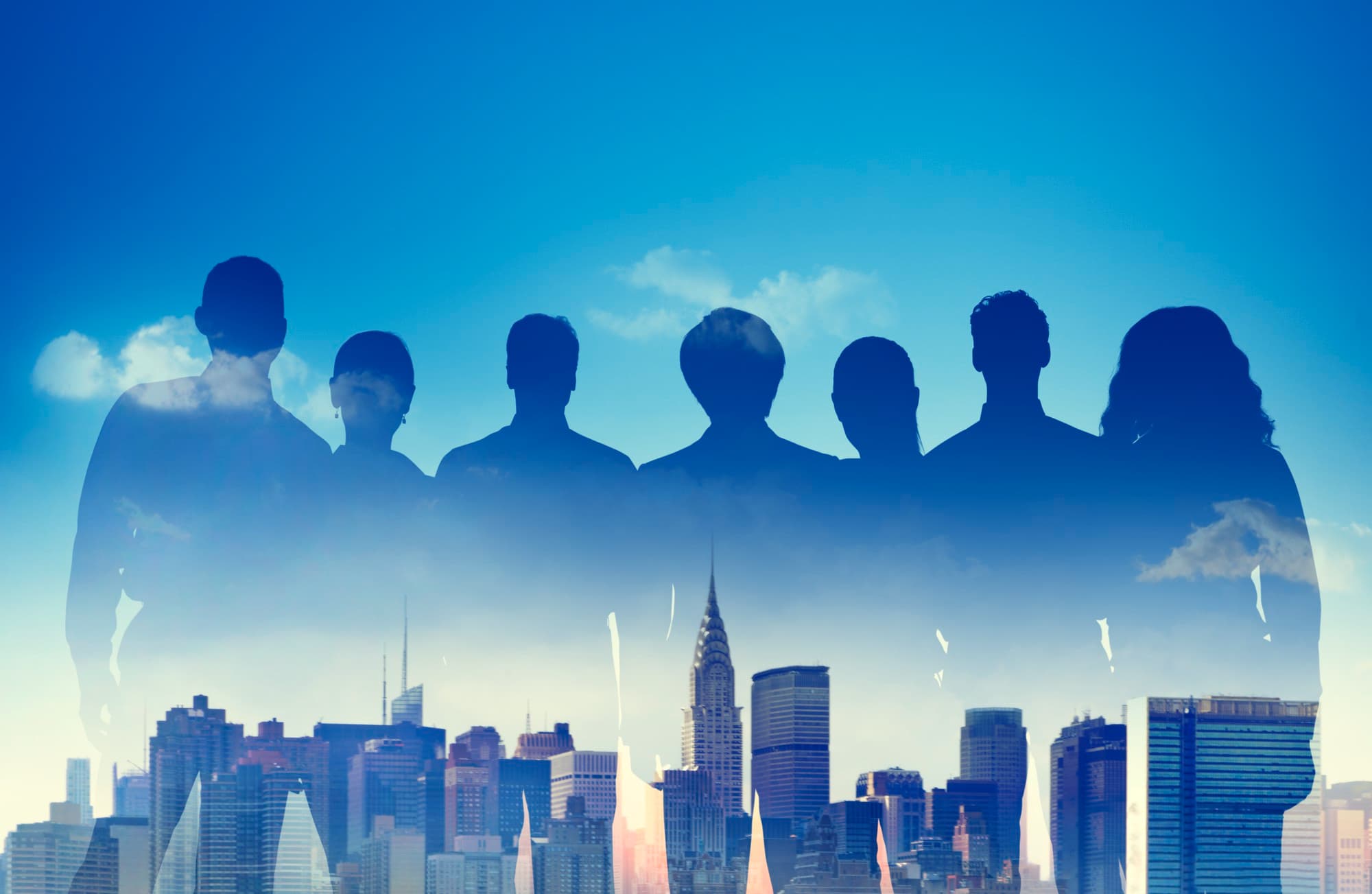 A global workforce set against a city skyline